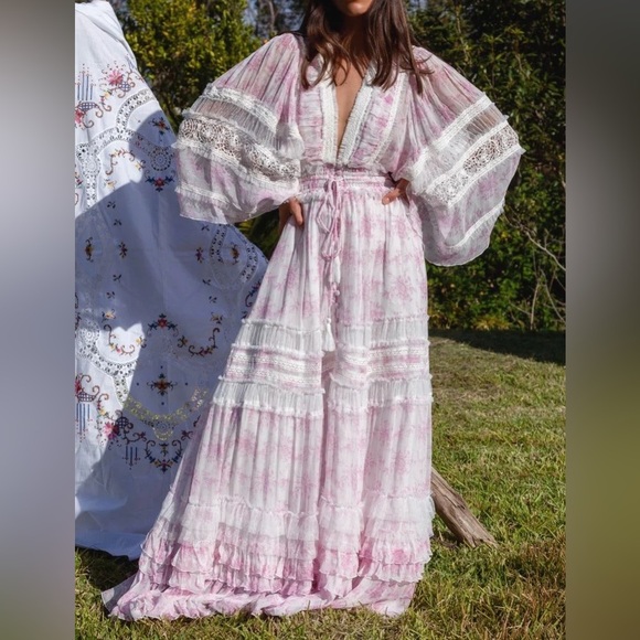 FillyBoo Charm Your Way Ruched Cottagecore Maxi Dress Gown in Sunday Pink Large - Picture 2 of 12